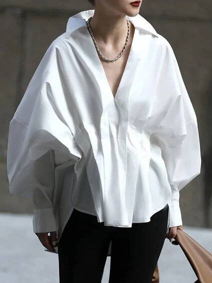 Original Creation Long Sleeves Loose Pleated Solid Color Lapel Collar Blouses&Shirts Tops | Collar blouse, Womens shirts, Solid clothes
