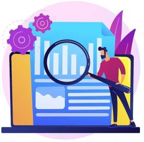 Free vector company annual report analyzing. business analysis, diagram analytics, statistics. employee holding magnifying glass male cartoon character.