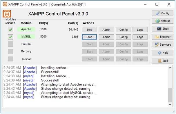 XAMPP control panel running
