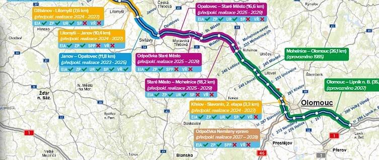 Mapa dálnice D35, fialově úseky PPP. Pramen: MDČR