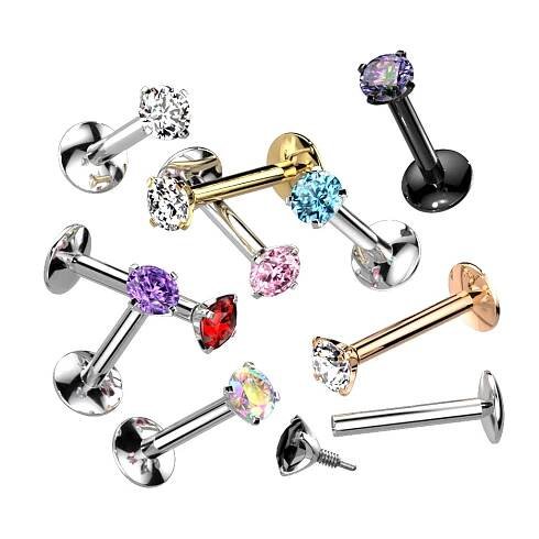 Titanium Internally Threaded Labret With Prong Set CZ Extended Thread Top