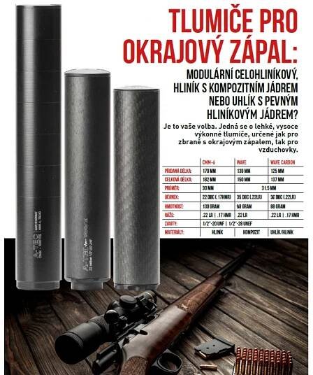 Tlumič A-TEC, model WAVE Carbon, pro malorážky, Ráže:.22LR, na závit M15x1mm