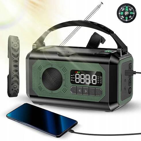 Meteorologické rádio s kličkou pro nouzové situace s varováním před počasím NOAA, 12 000 mAh solární klička, přenosné AM/FM/WB rádio se 3 režimy, svítilna/čtecí lampa/nabíječka mobilního telefonu/SOS/konektor pro sluchátka/kompas pro domácnost, kempování a nouzové situace