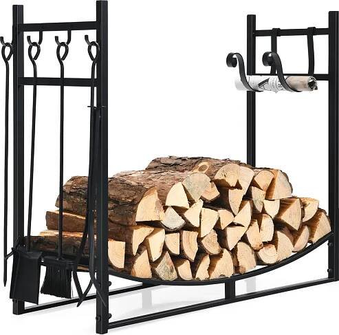 Obrázek produktu pro COSTWAY Stojan na palivové dřevo se 4 ks krbové sady, kovový stojan na palivové dřevo, krbové příslušenství, krbová sada černá (90 x 33 x 76 cm)
