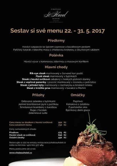 Steak menu 22.5.-31.5. 2017 | Hotel Chateau St. Havel **** - wellness hotel, Praha 4 - Krč - oficiální stránky