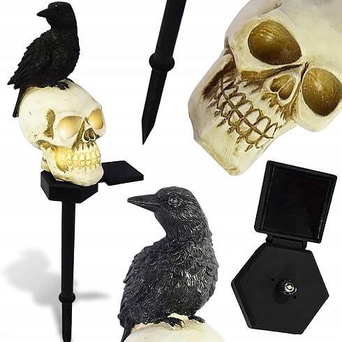 LAMPIČKA SOLÁRNÍ LED LAMPA NA HALLOWEEN HAVRAN NA LEBCE LEBKA OZDOBA