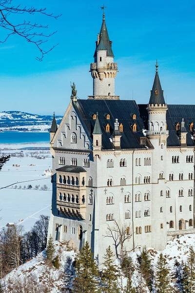 Close-up of Neuschwanstein Castle in winter