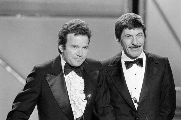 William Shatner (left) and Leonard Nimoy, former co-stars of the television series Star Trek, appear at the People's Choice Awards show