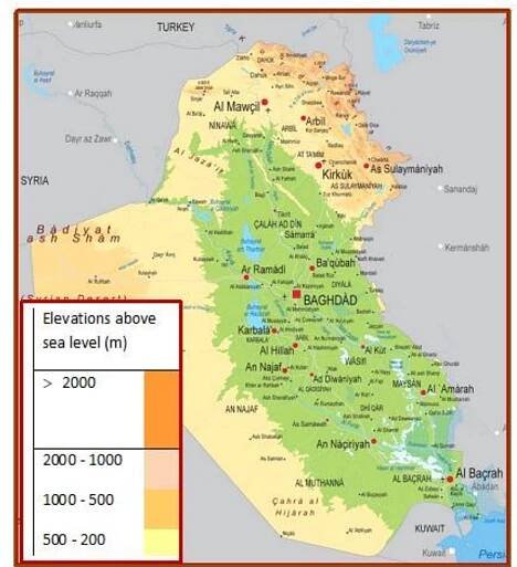 Figure 1: Geographical map of Iraq showing the general relief and the main rivers and their tributaries and distributaries. 