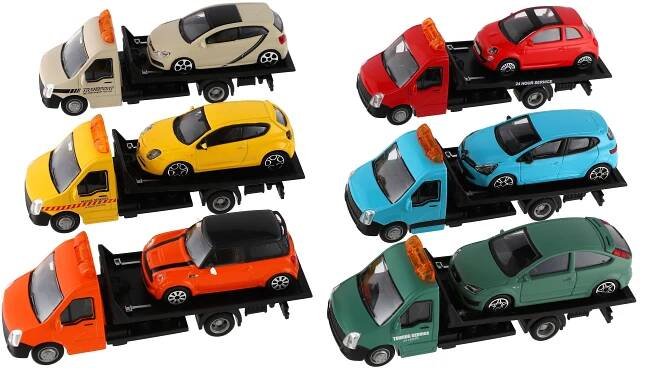 Autokamion Bburago odtahovka + auto 1:43 kovplast 21cm 6 barev v krabičce 22x9x6,5cm