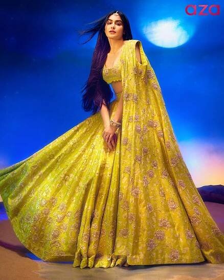 Adah Sharma in Yellow Blouse And Jacket Chiniya Silk Printed Vintage Lehenga Set for Aza Fashions Cover Story
