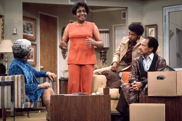 Pictured from left is Zara Cully (as Mother Jefferson), Isabel Sanford (as Louise Jefferson), Mike Evans (as Lionel Jefferson), Sherman Hemsley (as George Jefferson) in the CBS television situation comedy, THE JEFFERSONS. Premier episode aired January 18, 1975. 