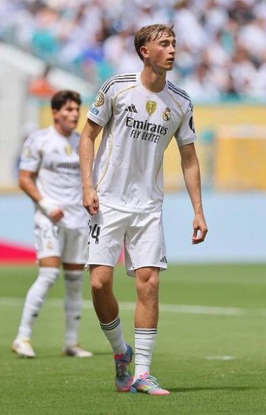 Dean Huijsen of Real Madrid at a soccer match.