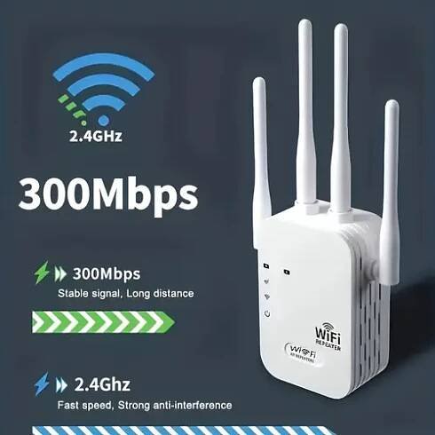 wifi rozšiřovač, zesilovač signálu, posílejte svému signálu na 300mbps wifi 2.4ghz dvojpásmové (8500 čtverečních stop), silná propustnost signálu, podporuje 35 zařízení, 4 režimy, nastavení jedním klepnutím, 4 antény pro 360° pokrytí, podpora ethernetového portu