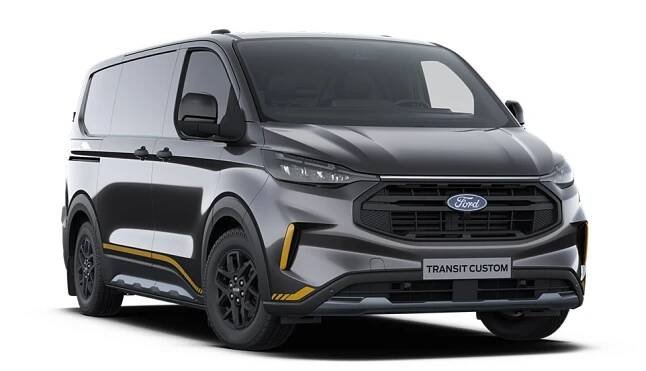 Pohled zepředu na tmavě šedou dodávku Ford Transit Custom Trail.