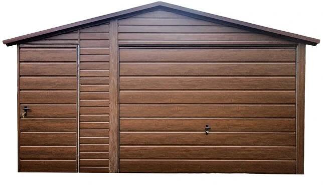 Plechova garáž 4,5x6m + přístřešek 1,5m výklopná vrata dveře Imitace dřeva