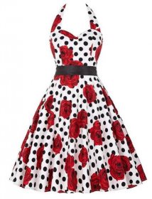 Sexy retro červené puntíkované šaty Audrey Hepburn Vintage ohlávkové šaty 50. léta 60. léta gotické připínáček Rockabilly šaty Roucho větší velikosti