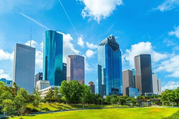 Skyline of Houston against blue skies