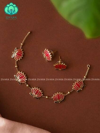 MANJU WARRIER  inspired Trending NORMAL MATTE lotus enamel neckwear with earrings- Zivara Fashion- latest jewellery design