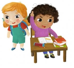 Kreslené dítě děti dívky žák sedí ve škole stůl učení čtení dětství ilustrace pro děti — Stock obrázek