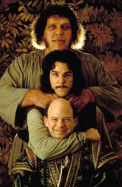Andre the Giant, Mandy Patinkin, and Wallace Shawn in The Princess Bride.