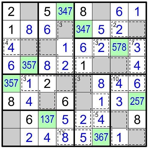 completed sudoku grid, with the triple numbers and empty cells highlighted