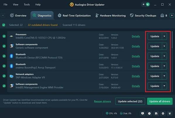 Click the Update all drivers button to update all outdated drivers at once or the Update button next to a specific driver you want to update