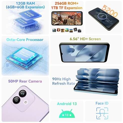 Cubot Note 40 Smartphone, 12 GB RAM (6GB + 6GB Rozšířeno) + 256GB ROM, 50MP hlavní fotoaparát, 6,56" 90Hz displej, 5200mAh baterie, GPS