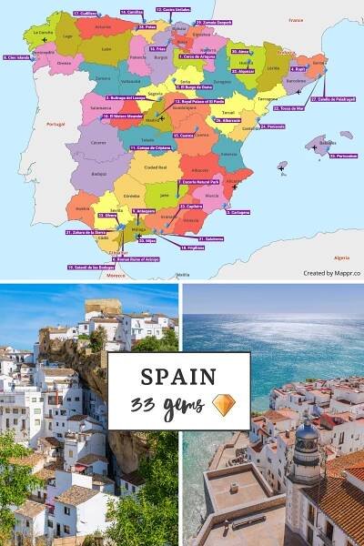 An image combining a colorful map of Spain highlighting 33 special locations, each marked with a number and name, and four photographs showcasing scenic views of Spanish landscapes and architecture. The central text reads "SPAIN 33 gems" with a diamond icon. The map is credited to Mapprr.co.