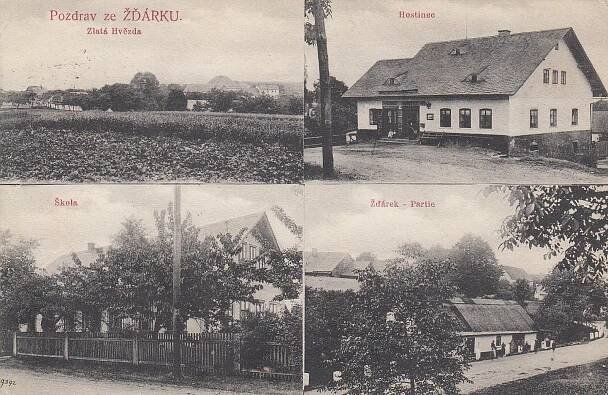 Žďárek - okénková, hostinec, škola, Zlatá hvězda - Pohlednice místopis