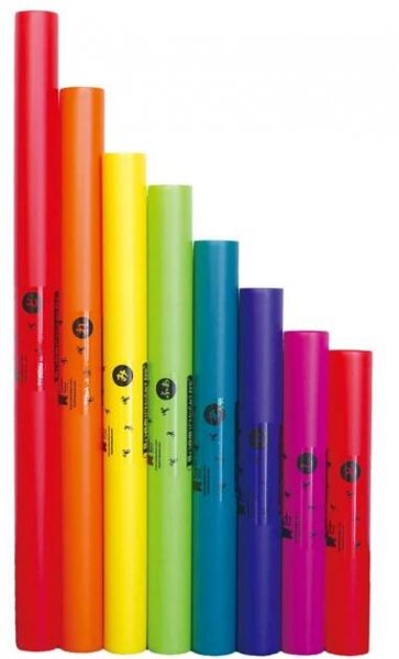a row of colorful musical instruments sitting on top of each other in front of a white background