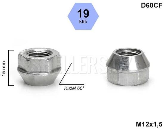 Kolová matice M12x1,5 kužel, nízká otevřená, klíč 19, D60CF, výška 15 - SHELLERS