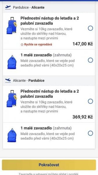 cena zavazadel na totožný let PŘED nákupem letenek