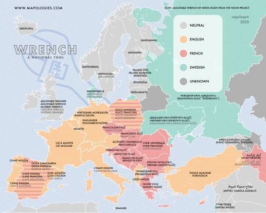 The different name of a "Adjustable spanner or wrench" between several languages based on the nationality
