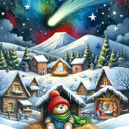 journey to Bethlehem by the comet to the night villiage on the side of hill Nativity scene smiling cosy baby Teddy Bear Wear red hat and green scarf in winter snowing wood on the path watercolor illustration – VytvořSiPotisk.cz