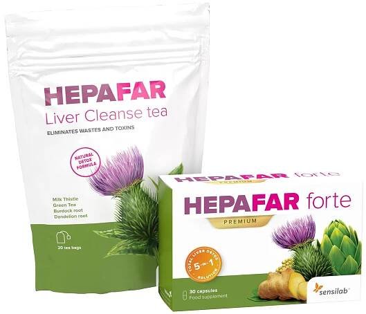 Sada pro ochranu jater: obsahuje 1x HEPAFAR forte a 1x HEPAFAR čaj – pro zdravý a detoxikaci jater. Program na 20 dní