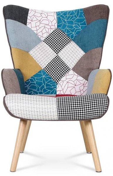 Vikio Křeslo ušák s podnožkou potah patchwork látka AKR120PW