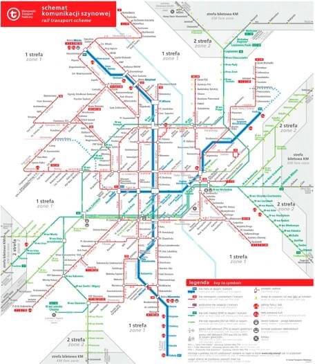 Mapa varšavské železniční sítě.