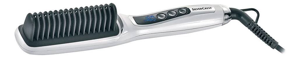 Stříbrný hřeben na vlasy Silvercrest s digitálním nastavením teploty.