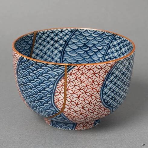 Front view of an authentic Kyoto ware tea cup, showcasing its overall form and the elegant lines of its 24k gold Kintsugi repair.