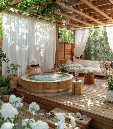 a hot tub sitting on top of a wooden deck next to a white curtained wall