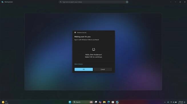 windows hello authentication needed to access recall data in windows 11