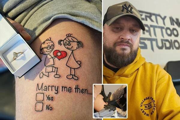 A UK barber named Joe Murray, 33, proposed to his girlfriend with a giant "marry me" leg tattoo -- which required him to pop the question with his pants down.