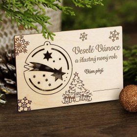 Vánoční dekorace FK Dřevěné Vánoční přání s vylamovací ozdobou - 15x10 cm, Přírodní Motiv ozdoby: Kometa