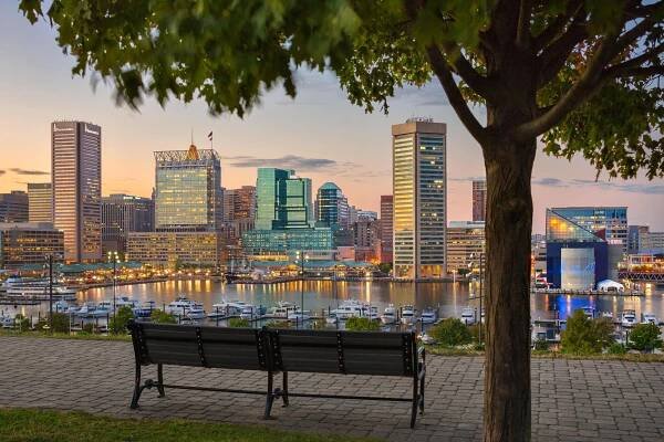 Federal Hill Park Benches and View of Downtown Baltimore, Maryland, USA Getty Image #467728643
