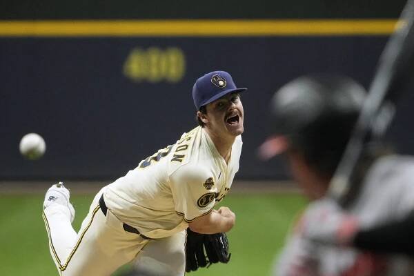 Milwaukee Brewers pitcher Logan Henderson (43) delivers a pitch against the Baltimore Orioles in the first inning at American Family Field. 