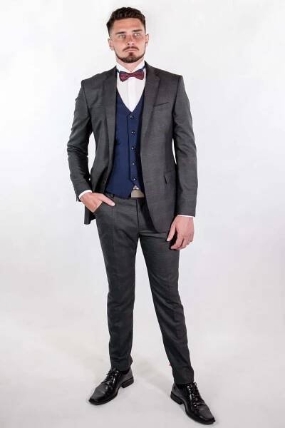 Károvaný oblek šedej farby SLIM STRIH, klasický - Jamel Fashion