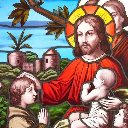 Stained-glass window of Christ Blessing the Little Children