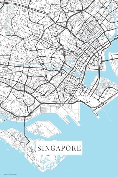 Mapa Singapur white ǀ Mapy všech měst a států na zeď ǀ Posters.cz