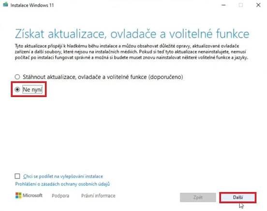 Vypnutí aktualizací při instalaci Windows 11